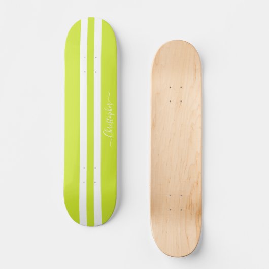 Lime Green White Racing Stripes Monogrammed Cool Persoonlijk Skateboard (Voorkant)