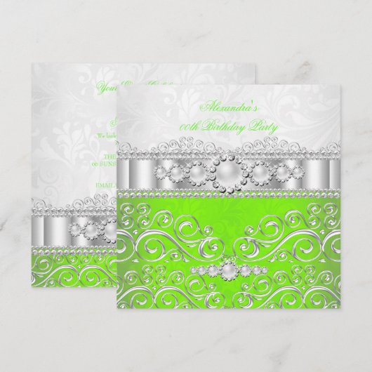Lime Green White Silver Lace Pearl Birthday Party Kaart (Voorkant / Achterkant)