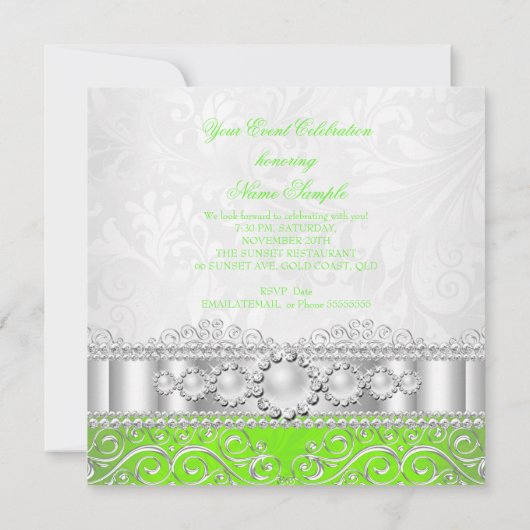 Lime Green White Silver Lace Pearl Birthday Party Kaart (Achterkant)