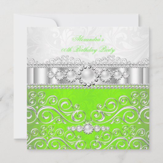 Lime Green White Silver Lace Pearl Birthday Party Kaart (Voorkant)