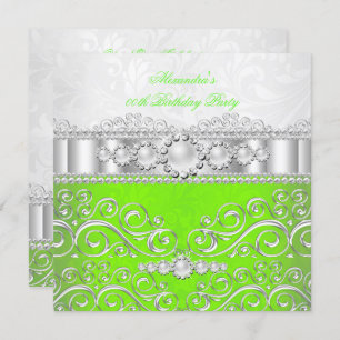 Lime Green White Silver Lace Pearl Birthday Party Kaart