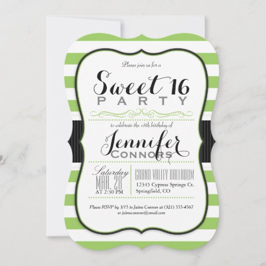 Lime Green & White Stripes Sweet 16 Party Kaart (Voorkant)