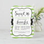 Lime Green & White Stripes Sweet 16 Party Kaart (Staand voorkant)
