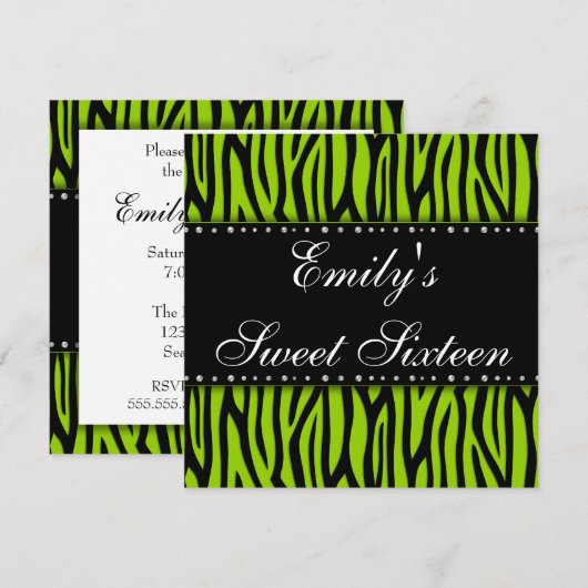 Lime Green Zebra Diamonds Sweet 16 Birthday Kaart (Voorkant / Achterkant)