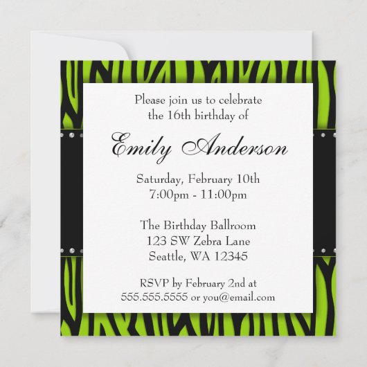 Lime Green Zebra Diamonds Sweet 16 Birthday Kaart (Achterkant)