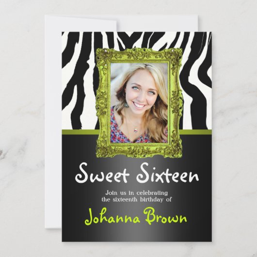 Lime Green Zebra - Foto - Sweet 16 Uitnodiging (Voorkant)