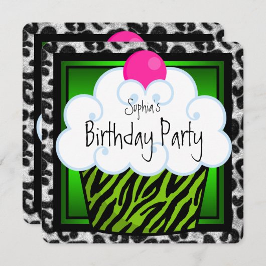 Lime Green Zebra Girls Cupcake verjaardagsfeestje Kaart (Voorkant / Achterkant)