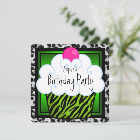 Lime Green Zebra Girls Cupcake verjaardagsfeestje Kaart (Staand voorkant)