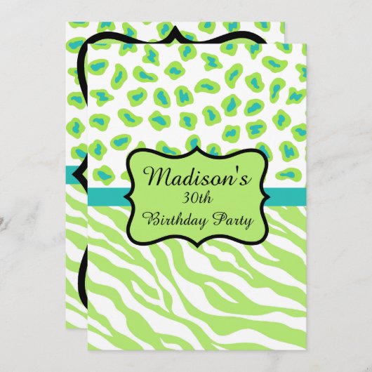 Lime Green Zebra Leopard 30th Birthday Invitation Kaart (Voorkant / Achterkant)