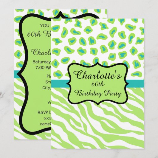 Lime Green Zebra Leopard 60th Birthday Invitation Kaart (Voorkant / Achterkant)