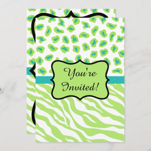 Lime Green Zebra Leopard Invitation Kaart (Voorkant / Achterkant)