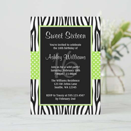 Lime Green Zebra Polka Dot Sweet 16 Kaart (Staand voorkant)