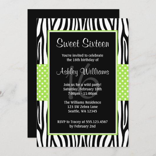 Lime Green Zebra Polka Dot Sweet 16 Kaart (Voorkant / Achterkant)