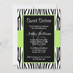 Lime Green Zebra Polka Dot Sweet 16 Kaart