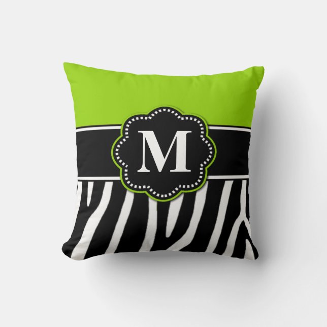 Lime Green Zebra Print Monogram Pillow Kussen (Voorkant)