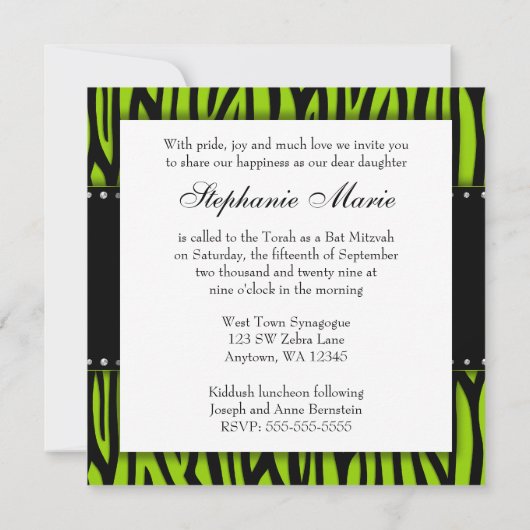 Lime Green Zebra Printed Diamonds Bat Mitzvah Kaart (Achterkant)
