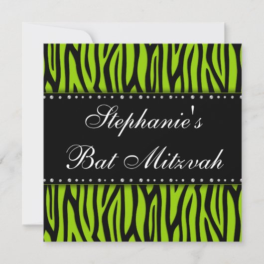 Lime Green Zebra Printed Diamonds Bat Mitzvah Kaart (Voorkant)