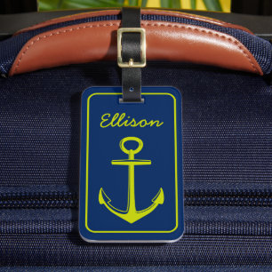 Lime groen anker op marineblauw gepersonaliseerd bagagelabel