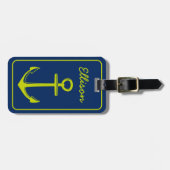 Lime groen anker op marineblauw gepersonaliseerd bagagelabel (Voorkant horizontaal)