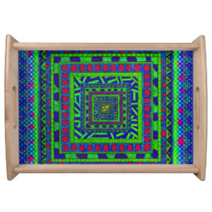 Lime Groen Blauw Rood Aztec Tribal Squares Patroon Dienblad