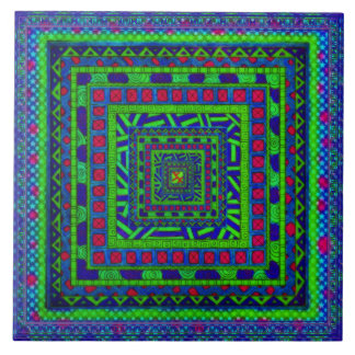 Lime Groen Blauw Rood Aztec Tribal Squares Patroon Tegeltje