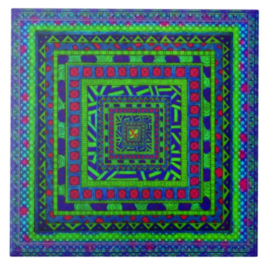 Lime Groen Blauw Rood Aztec Tribal Squares Patroon Tegeltje (Voorkant)
