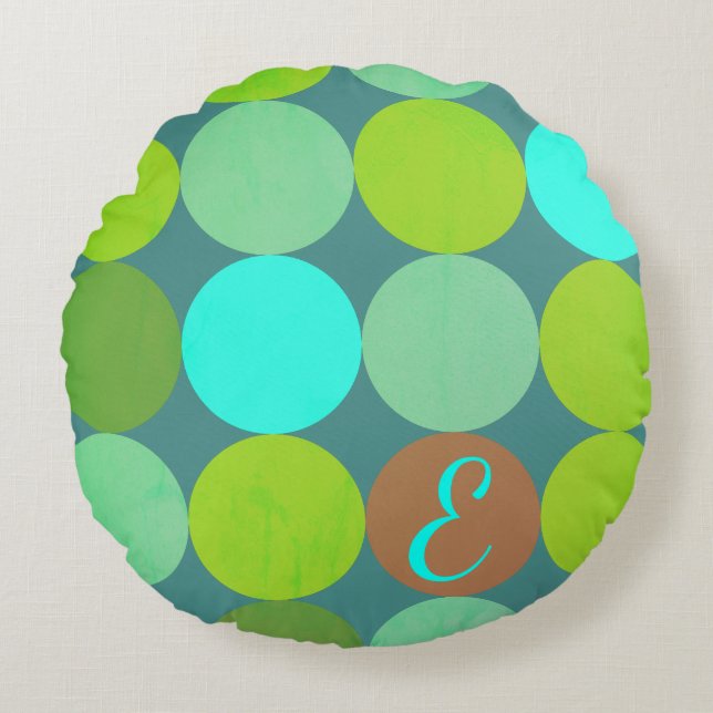 Lime Groen Blauwgroen Turquoise & Roest Circles Mo Rond Kussen (Voorkant)
