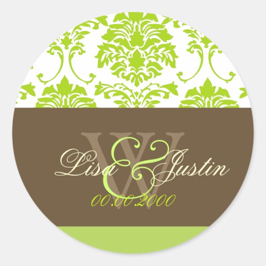 Lime groen Damast monogram bruiloft stickers (Voorkant)