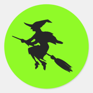 Lime Groen en Zwart Vliegende Heks Halloween Ronde Sticker
