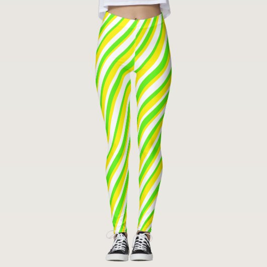 Lime Groen Geel en Wit Abstract Strepen Leggings (Voorkant)