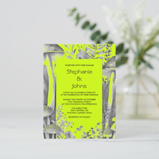 Lime Groen Grijs Zwart Woodland Paddestoel Bruilof Uitnodiging Briefkaart (Staand voorkant)