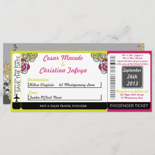 Lime Groen/Hot Pi Boarding Pass Bruiloft uitnodigi Kaart (Voorkant / Achterkant)