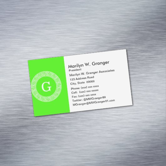 Lime Groen WT Grieks Sleutel RND Lijst Initiaal Mo Magnetisch Visitekaartje (Voorbeeld)