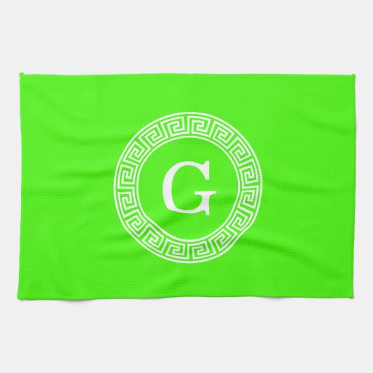 Lime Groen WT Grieks Sleutel RND Lijst Initiaal Mo Theedoek (Horizontaal)