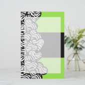 Lime groen zwart wit zebra patroon hart naam briefpapier (Staand voorkant)