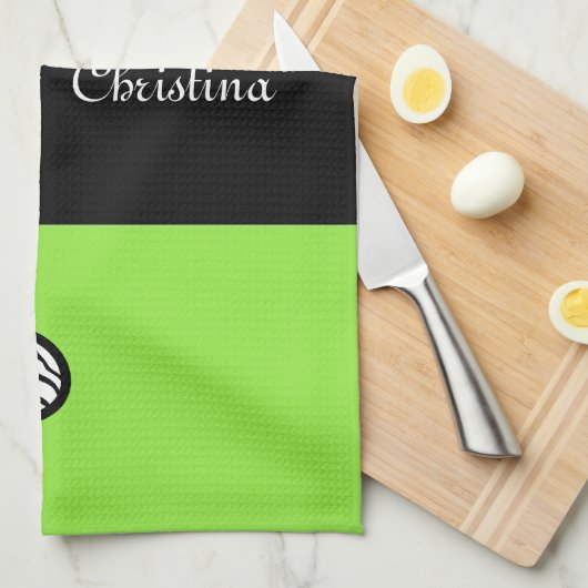 Lime groen zwart wit zebra patroon hart naam theedoek (Quarter Fold)