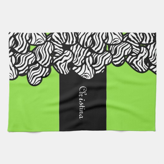Lime groen zwart wit zebra patroon hart naam theedoek (Horizontaal)