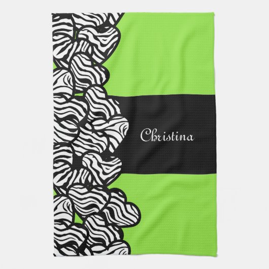 Lime groen zwart wit zebra patroon hart naam theedoek (Verticaal)