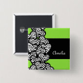 Lime groen zwart wit zebra patroon hart naam vierkante button 5,1 cm (Voorkant /achterkant)