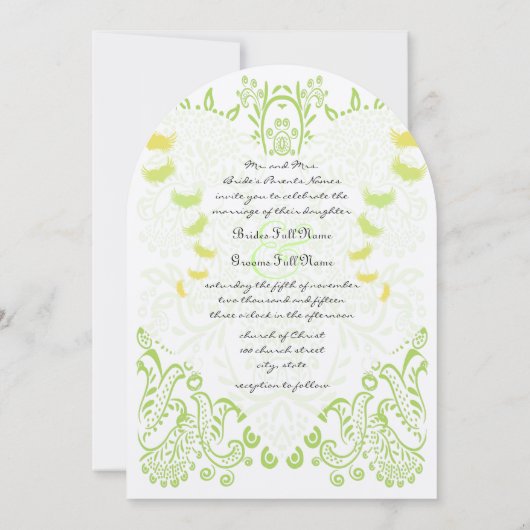 Lime Groene Boter Geel Whimsical Birds Wedding Kaart (Achterkant)