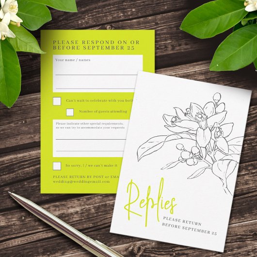 Lime groene citrus bloesem bruiloft antwoord RSVP