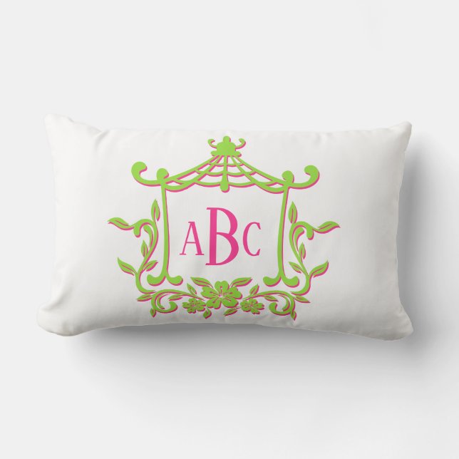 Lime Groene en Roze Pagode Bloem Lijst Monogram Kussen (Voorkant)