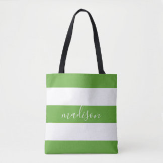Lime Groene en Witte Strepen met Naam Typografie Tote Bag