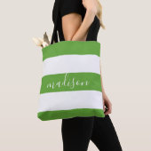 Lime Groene en Witte Strepen met Naam Typografie Tote Bag (Dichtbij)