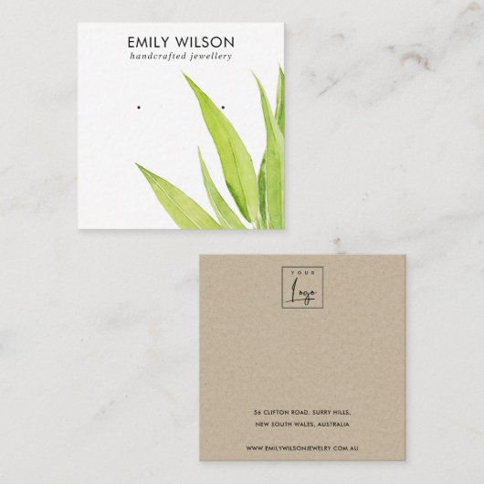 LIME GROENE EUCALYPTUS FAUNA EARRING STUD DISPLAY VIERKANTE VISITEKAARTJE (Voorkant / Achterkant)