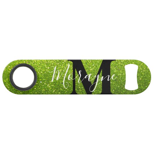 Lime Groene Faux Glitter Zwart Wit Monogram Naam Speed Flessenopener (Achterkant Horizontaal)
