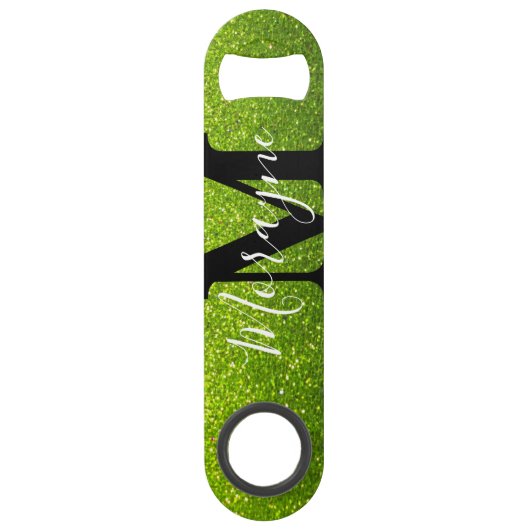 Lime Groene Faux Glitter Zwart Wit Monogram Naam Speed Flessenopener (Achterkant)