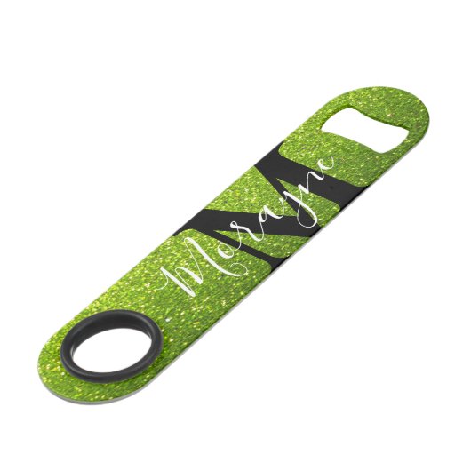 Lime Groene Faux Glitter Zwart Wit Monogram Naam Speed Flessenopener (Achterkant Gekanteld)