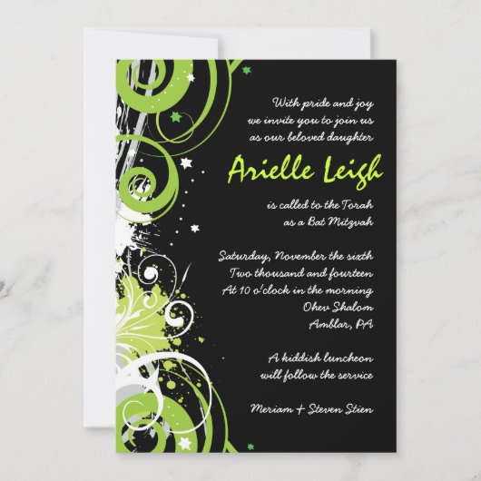 LIME GROENE SWIRLS EN STARS Bat Mitzvah Invitation Kaart (Voorkant)