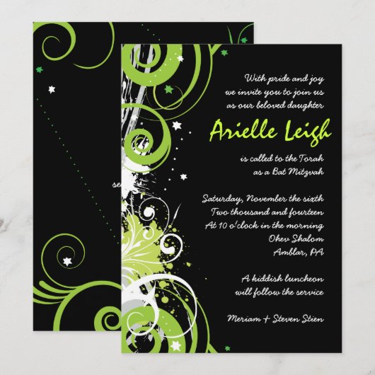 LIME GROENE SWIRLS EN STARS Bat Mitzvah Invitation Kaart (Voorkant / Achterkant)